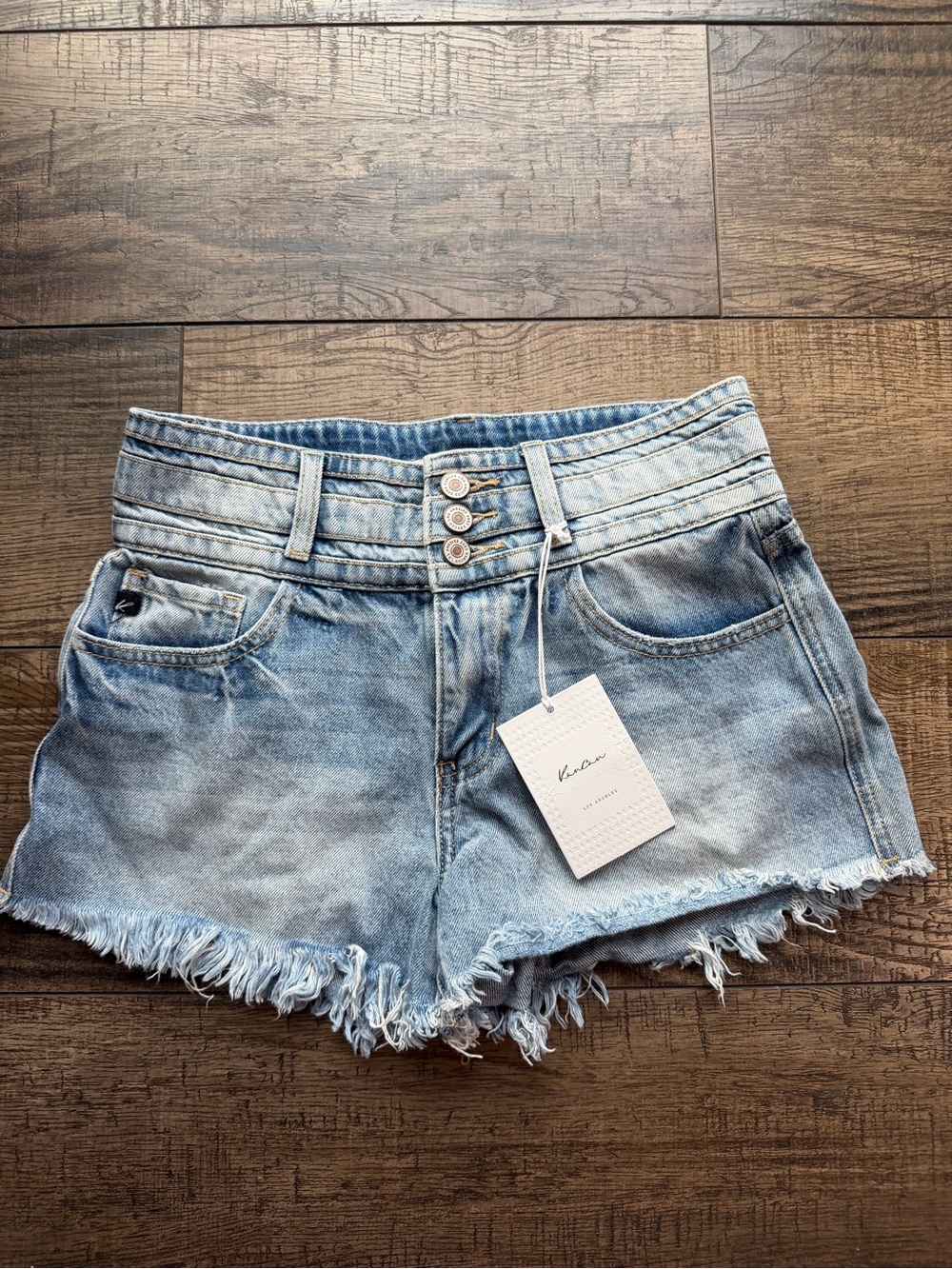 KanCan Light Blue High-Rise Triple Button Denim Shorts